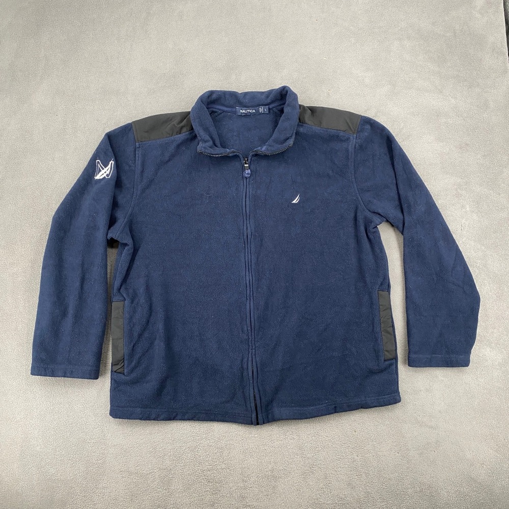 Nautica Mens Navy Blue Full Zip Fleece Jacket Size Large Mock Neck Contrast Trim